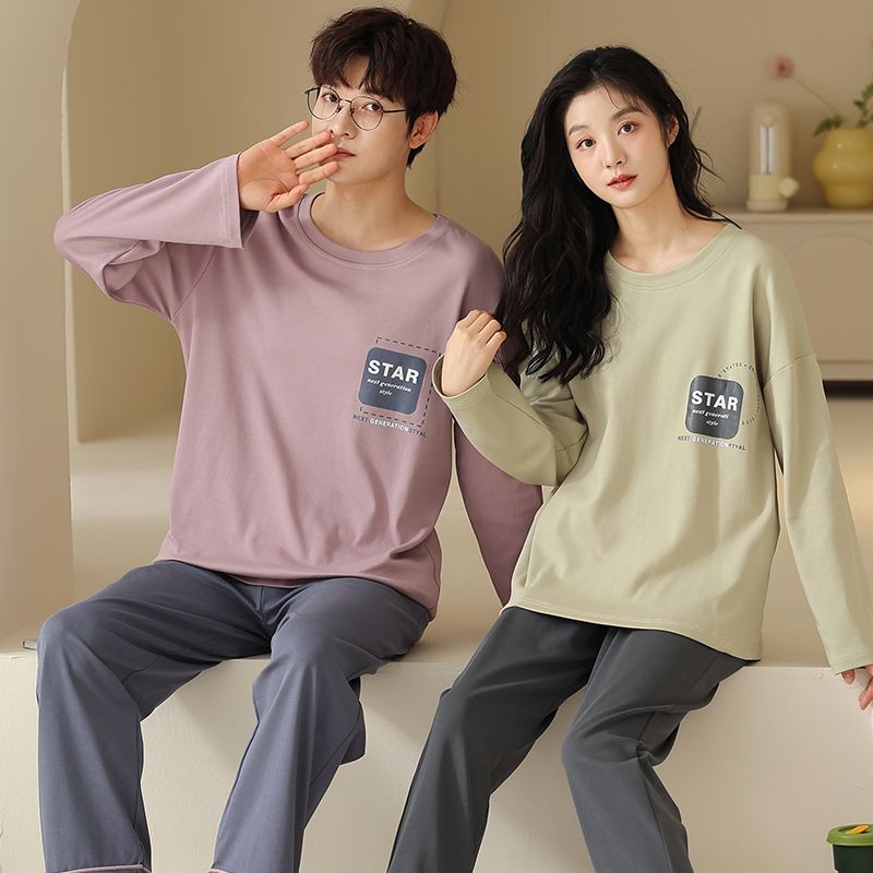 Spring pure cotton couple round neck long sleeve trousers pajamas men and women suit home casual clothing