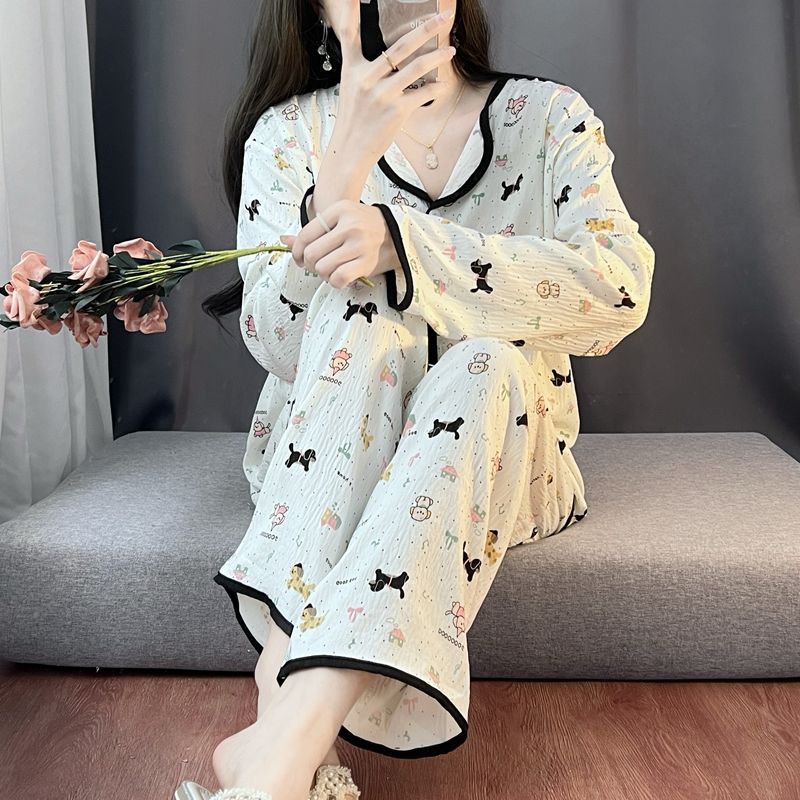 Spring and autumn ins style pajamas women long sleeves long trousers cartoon small lapel cardigan cloud cotton home clothes women's suit