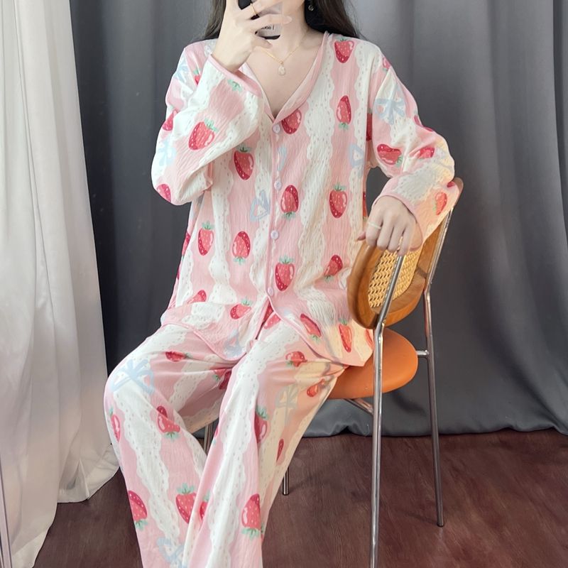 Spring and autumn ins style pajamas women long sleeves long trousers cartoon small lapel cardigan cloud cotton home clothes women's suit
