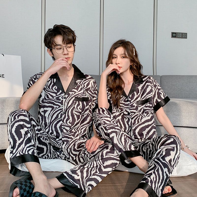 Summer ice and snow silk couple lapel cardigan shorts shorts pajamas men and women suits home clothes