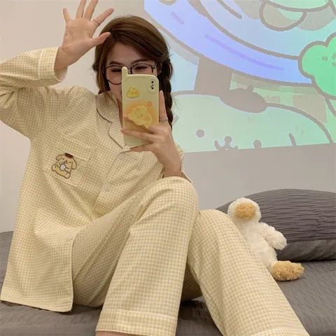Spring and Autumn Long Sleeve Trousers Cardigan Lapel Imitation Cotton 180g Pajamas Women's Sweet Cartoon Home Clothing Women's Set