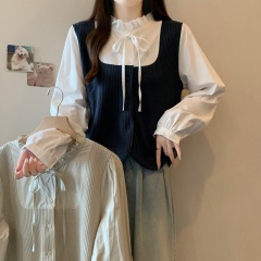 Real shot-2025 spring new large size fat MM Korean women's sweet slim black ears spliced ​​fake two-piece shirt