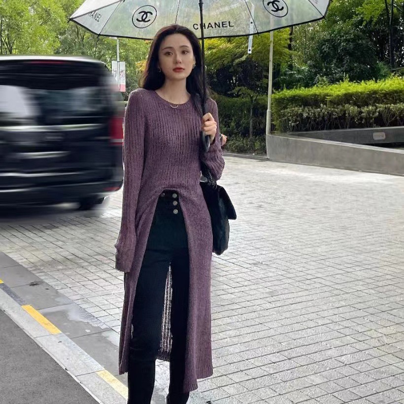 Temperament lazy style slit hollow sweater for women's autumn design niche loose slim sweater top mid-length