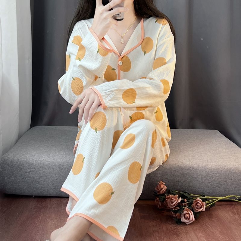 Spring and autumn ins style pajamas women long sleeves long trousers cartoon small lapel cardigan cloud cotton home clothes women's suit