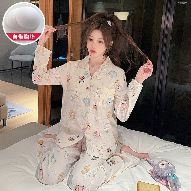 Spring cloud cotton with chest pad lapel cardigan long-sleeved pajamas women's suit home clothes
