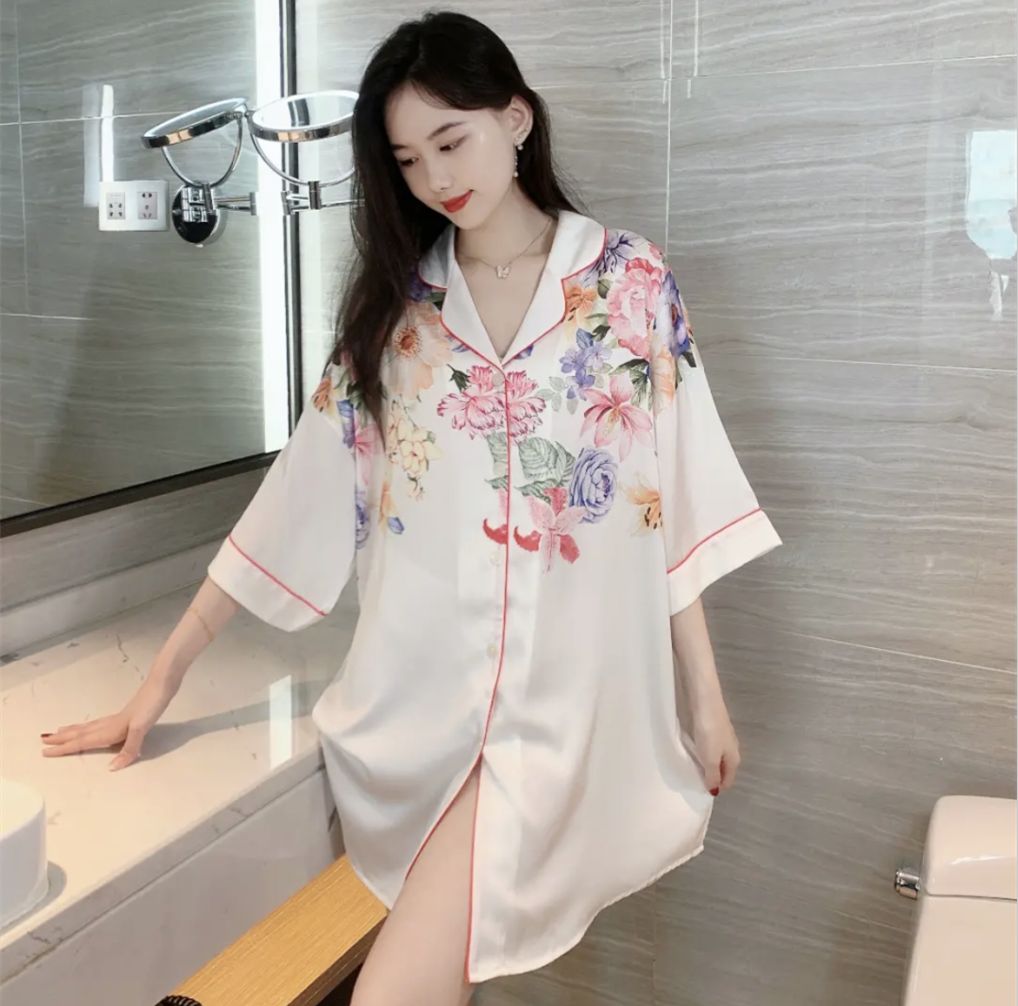 Summer ice and snow silk high density lapel cardigan short-sleeved women's nightgown sensual open button skirt women