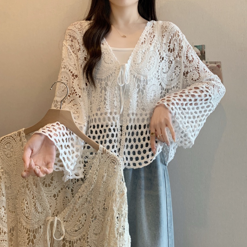 Real shot-2025 large-size women's summer new style fat girl fashionable age-reducing lace hook and hollow versatile cardigan