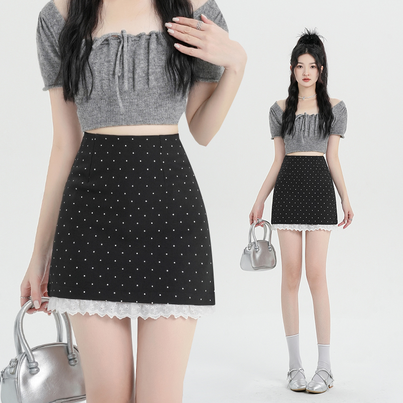 Real shot of lace lace splicing polka dot suit skirt for women 2025 spring and summer high waist slim A-line spotted short skirt