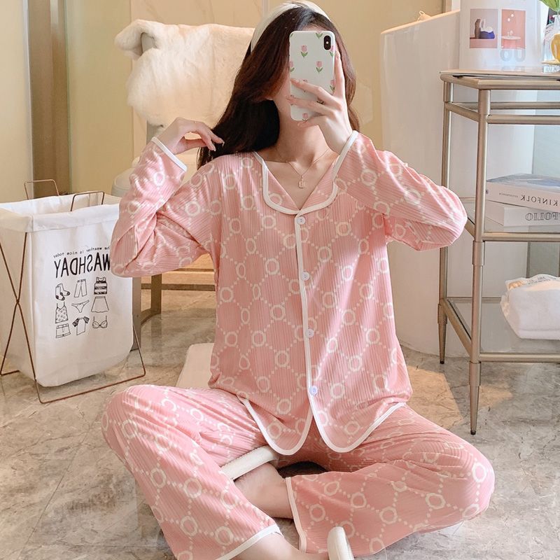 Spring and Autumn Live Pajamas Women's Cardigan Long Sleeve Trousers Milk Silk Strip Sweet Cute Home Clothing Set