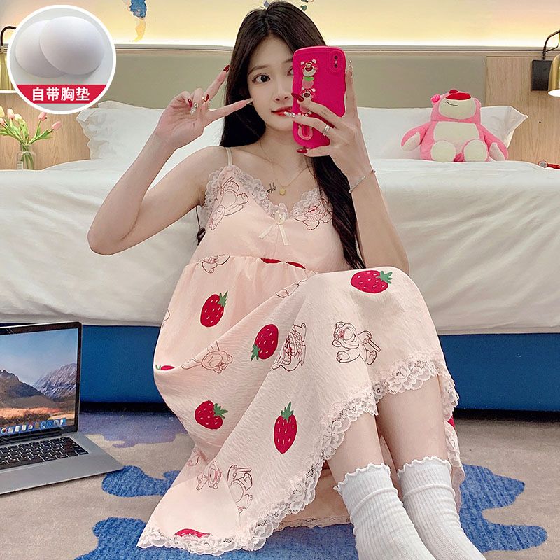 Summer cloud cotton with chest pad lace lace suspender nightgown for women's home clothes nightgown
