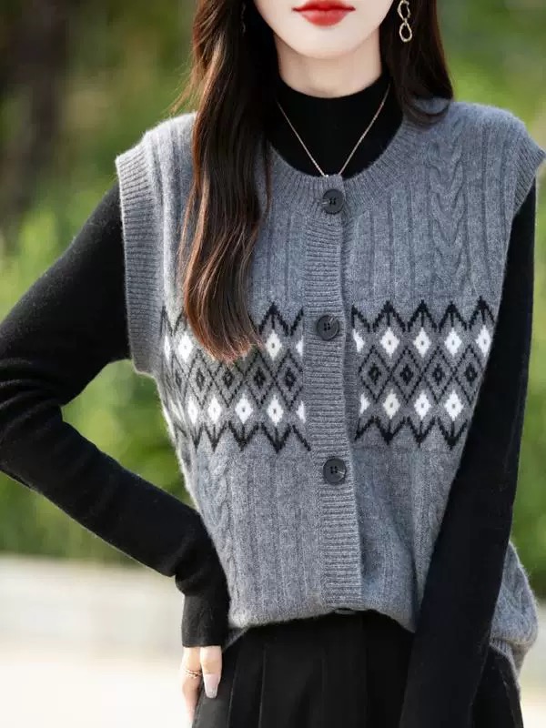 Jacquard thick vest sweater sleeveless cardigan vest layered with loose round neck and knitted shoulders