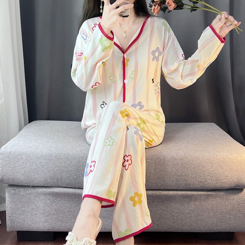 Spring and autumn ins style pajamas women long sleeves long trousers cartoon small lapel cardigan cloud cotton home clothes women's suit