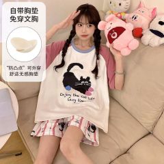 Summer imitation cotton with chest pad cartoon round neck short-sleeved pajamas women's suit casual home clothes