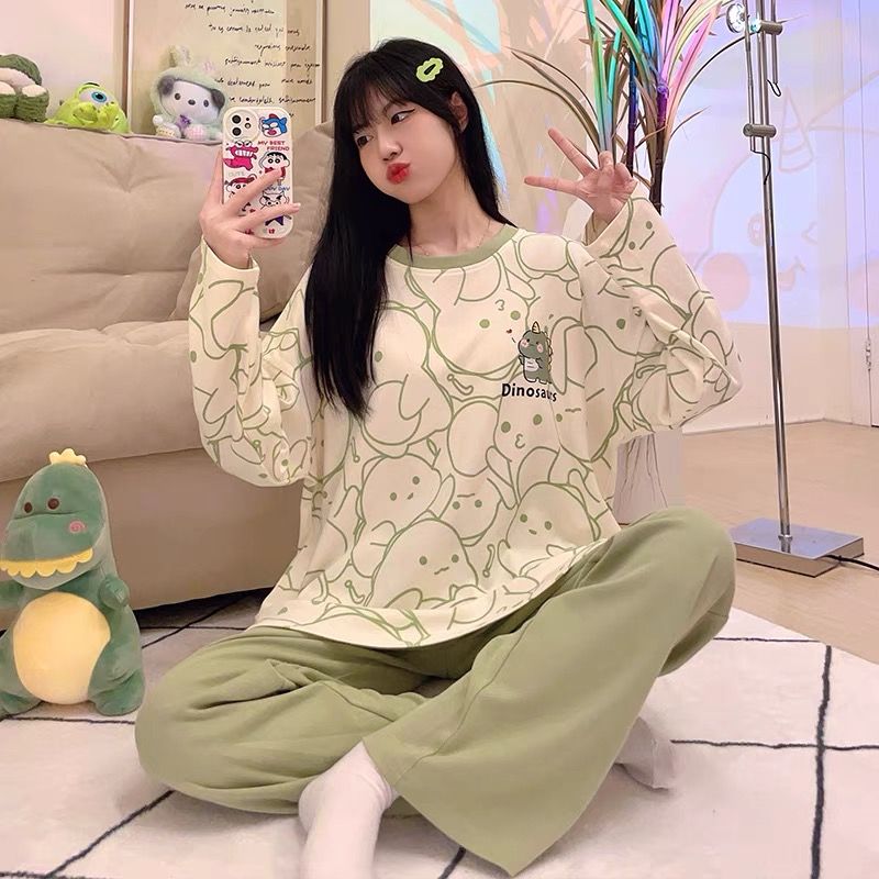 Spring pajamas with chest pad for women's long-sleeved trousers two-piece pajamas round neck pullover printed home clothes can be worn outside