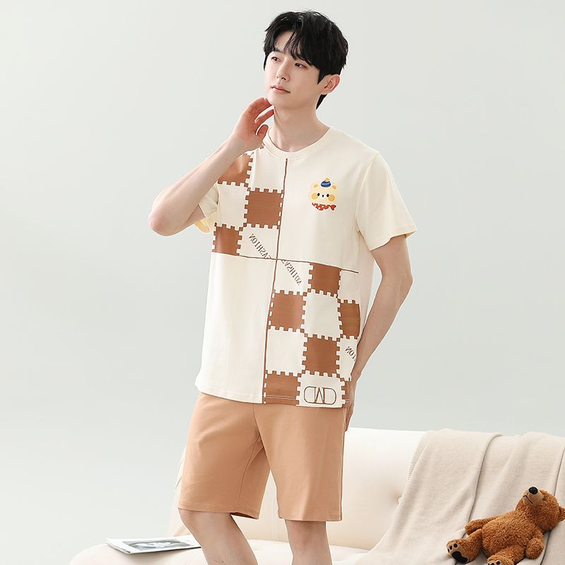 Summer imitation cotton men's round neck short sleeve shorts pajamas men's suit casual home clothes