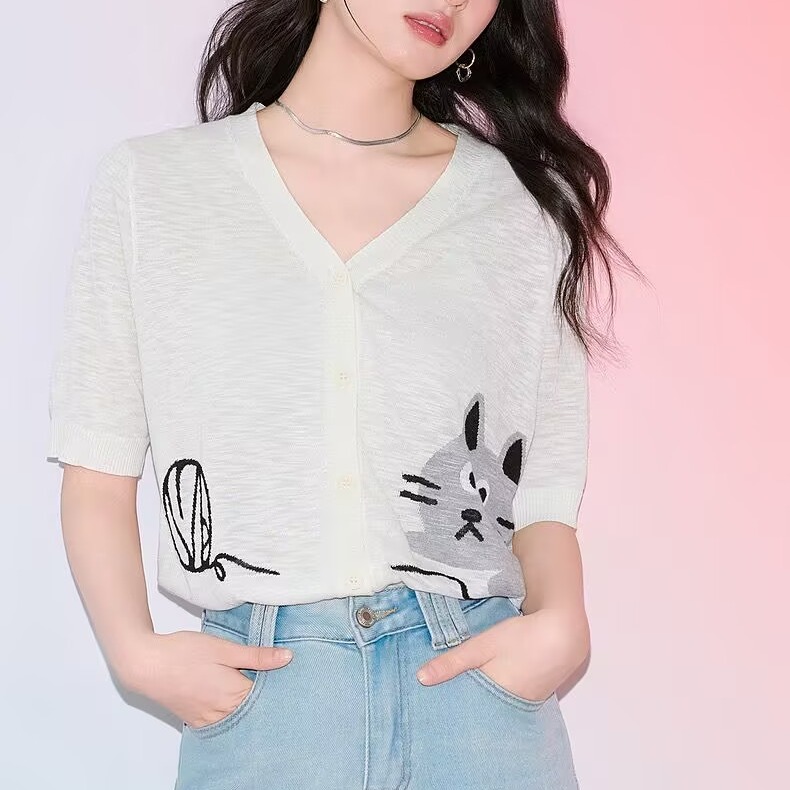 2025 spring and summer new age-reducing jacquard versatile knitted sweater loose V-neck breathable top for women
