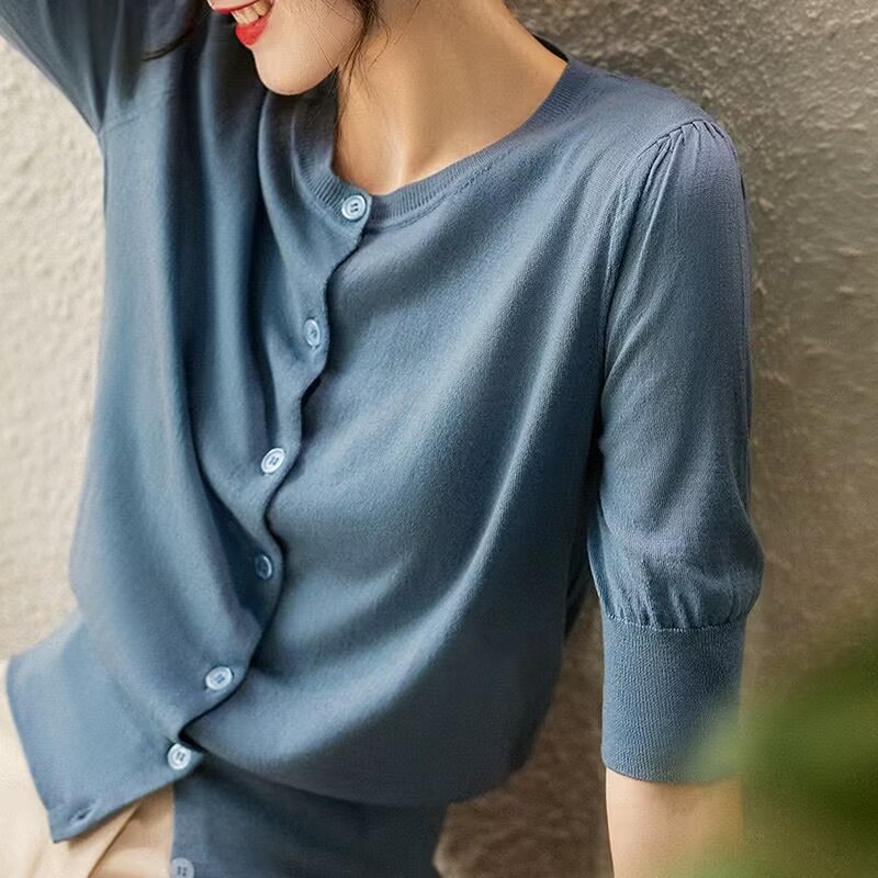 Micro breathable sweater for women 2025 early spring and summer round neck pullover mid-sleeved ice silk thin versatile top for women