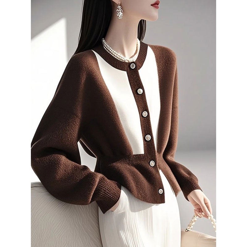 2025 spring, autumn and winter large-size fashionable contrasting colors new long-sleeved sweater cardigan covering flesh to make it look slimming Korean sweater women