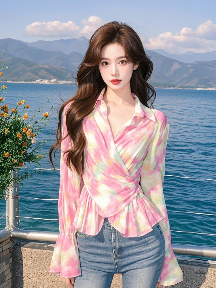 2025 spring high-end light luxury age-reducing style unique beautiful waist-hugging design pink smudge top women's clothing