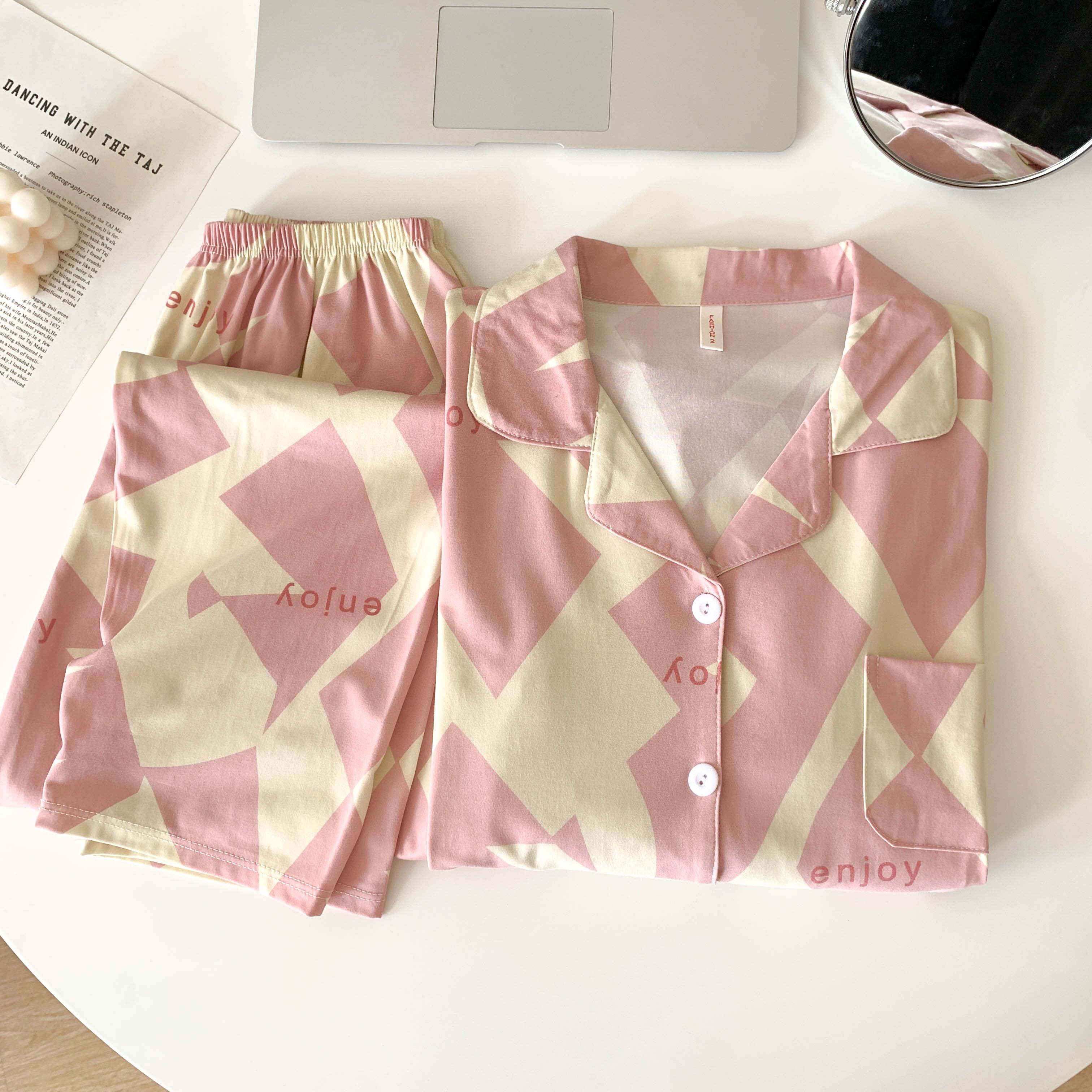 Spring and Autumn Long Sleeve Trousers Cardigan Lapel Imitation Cotton 180g Pajamas Women's Sweet Cartoon Home Clothing Women's Set