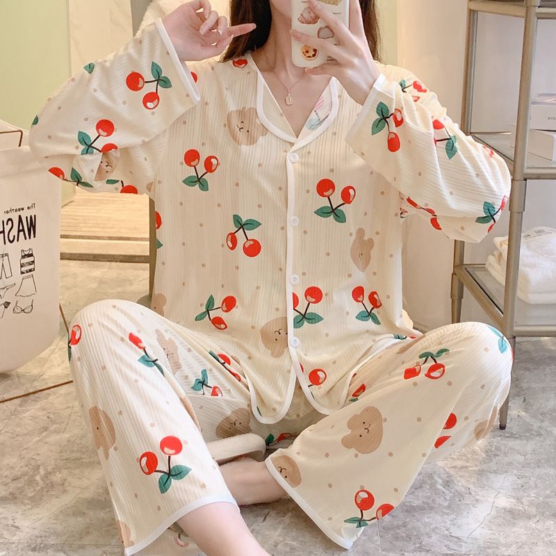 Spring and Autumn Live Pajamas Women's Cardigan Long Sleeve Trousers Milk Silk Strip Sweet Cute Home Clothing Set
