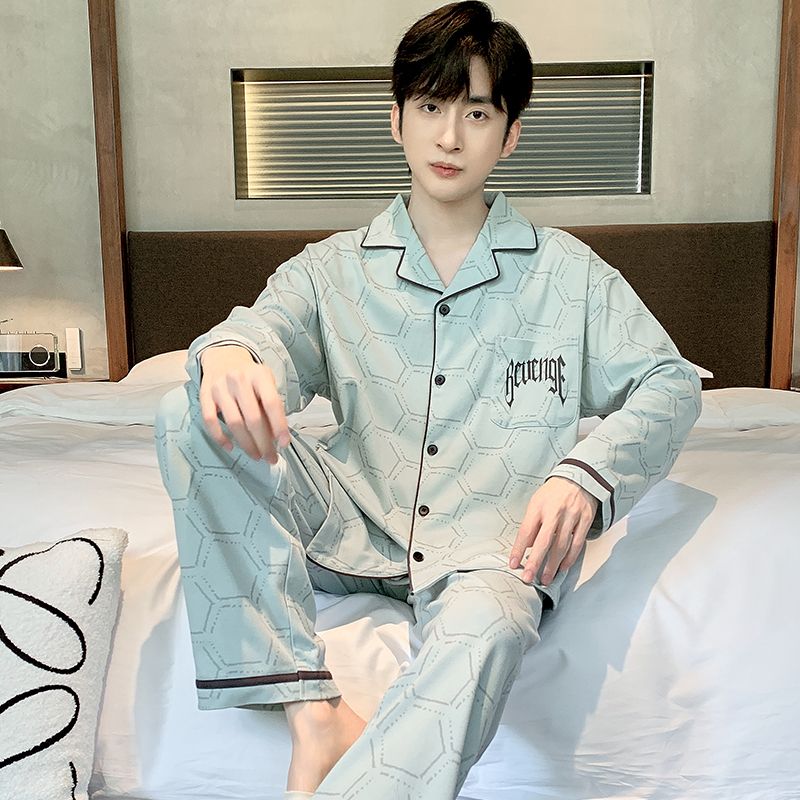 Spring and Autumn Pure Cotton Men's Lapel Cardigan Long Sleeve Pajamas Men's Set Casual Home Clothing