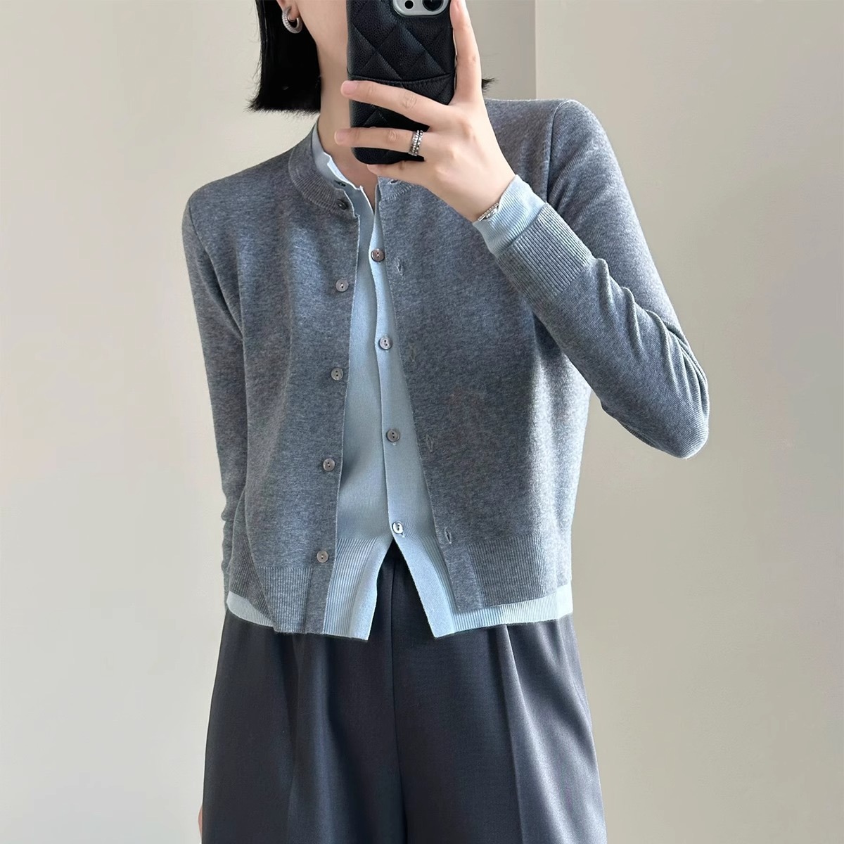 2025 early spring and autumn new wool knitted sweater simple versatile fake two-piece cardigan jacket long-sleeved women
