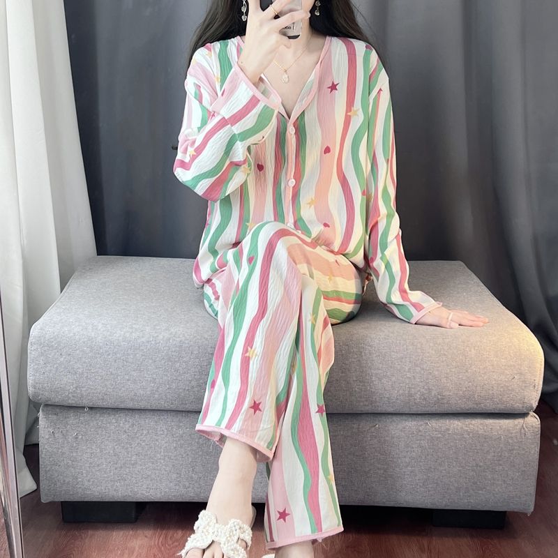 Spring and autumn ins style pajamas women long sleeves long trousers cartoon small lapel cardigan cloud cotton home clothes women's suit