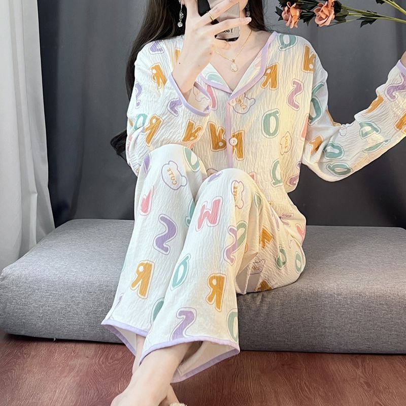 Spring and autumn ins style pajamas women long sleeves long trousers cartoon small lapel cardigan cloud cotton home clothes women's suit