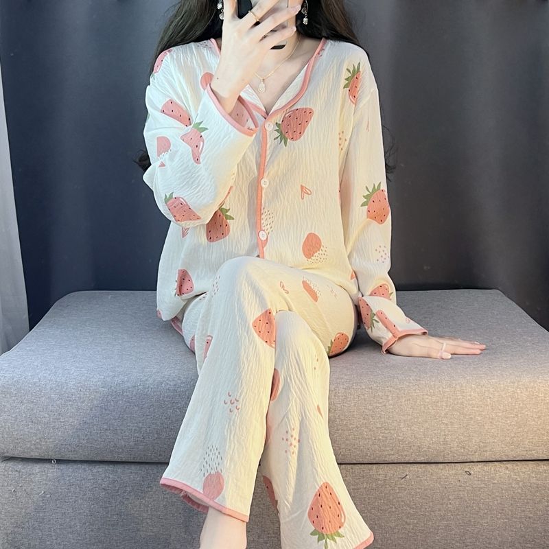 Spring and autumn ins style pajamas women long sleeves long trousers cartoon small lapel cardigan cloud cotton home clothes women's suit