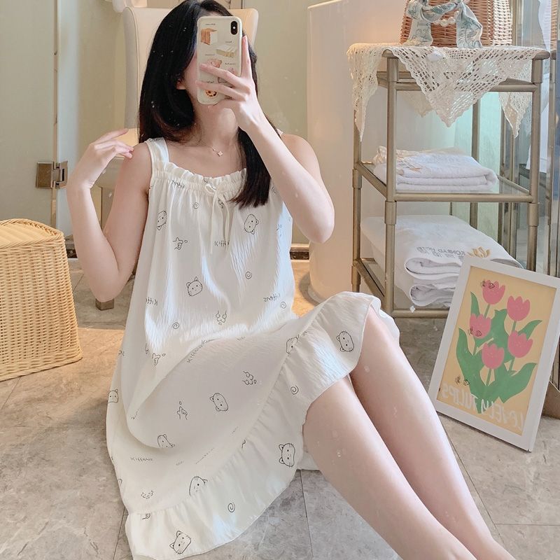 Summer cloud cotton sleeveless suspender one-shoulder nightgown women's sexy home clothes loose skirt