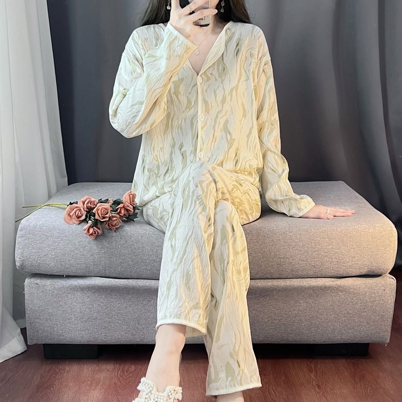 Spring and autumn ins style pajamas women long sleeves long trousers cartoon small lapel cardigan cloud cotton home clothes women's suit