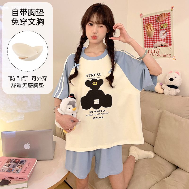Summer imitation cotton with chest pad cartoon round neck short-sleeved pajamas women's suit casual home clothes