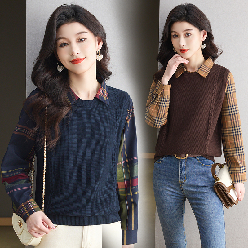 Real shot 2025 early spring design long-sleeved lapel plaid shirt for women knitted splicing loose fake two-piece knitted sweater