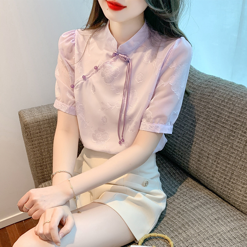 Real-life cheongsam tray button Chinese style jacquard puff sleeve chiffon shirt summer 2025 new women's top