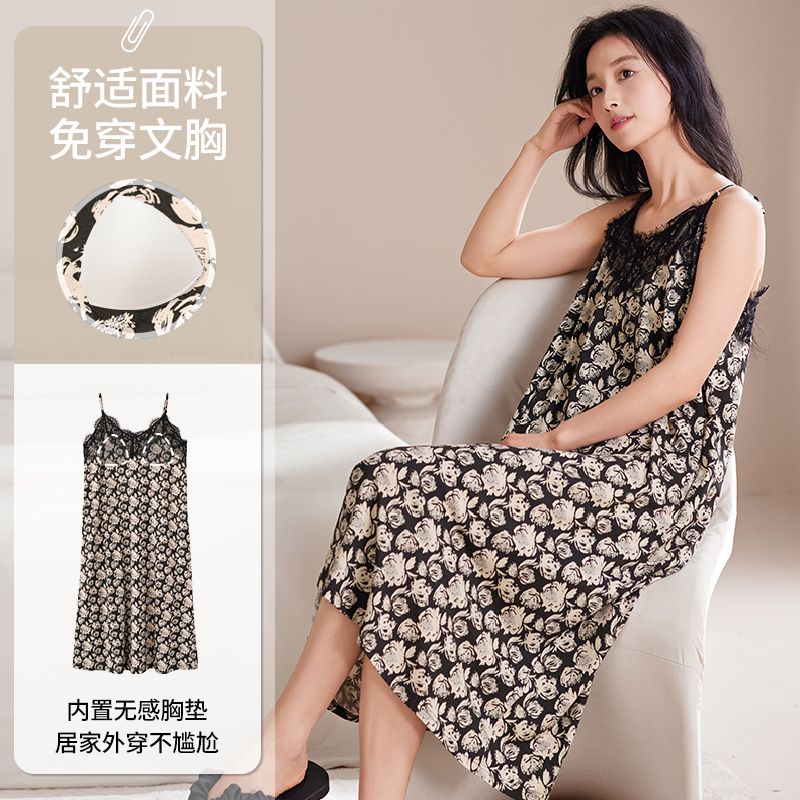 Summer modal with chest pad sexy suspender nightgown for women's home clothes casual nightgown