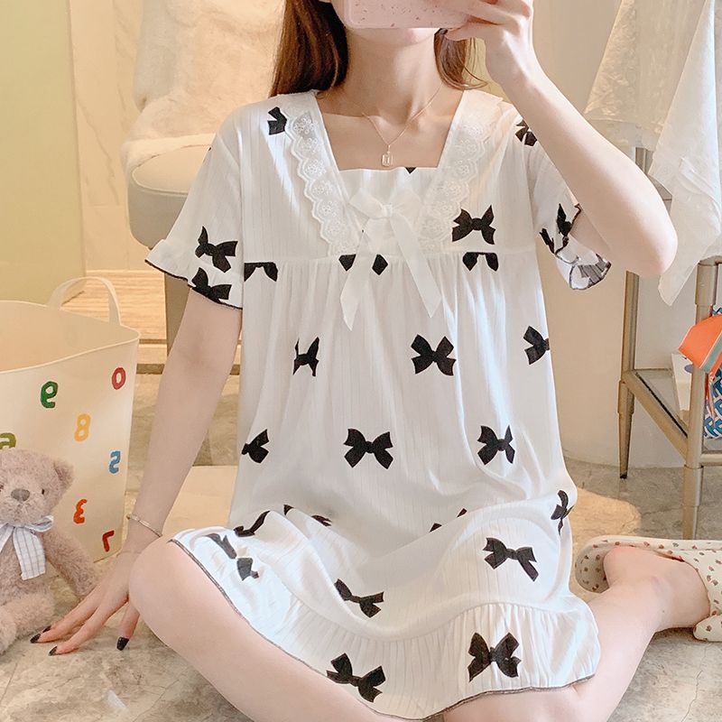 Summer milk silk pit strip lace lace square collar short-sleeved nightgown women's home clothes body dress
