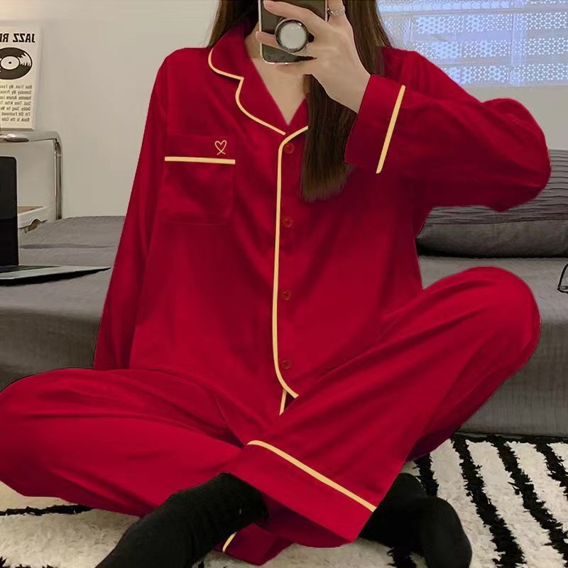 Spring emulated silk wedding plus fat plus large size lapel cardigan long-sleeved pajamas women's suit