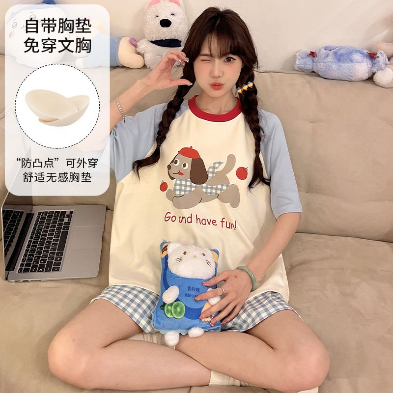Summer imitation cotton with chest pad cartoon round neck short-sleeved pajamas women's suit casual home clothes