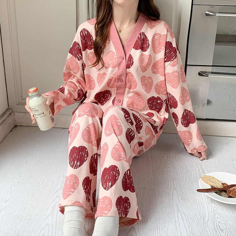 Spring imitation cotton sweet V-neck cardigan long sleeve trousers pajamas women's suit casual home clothes