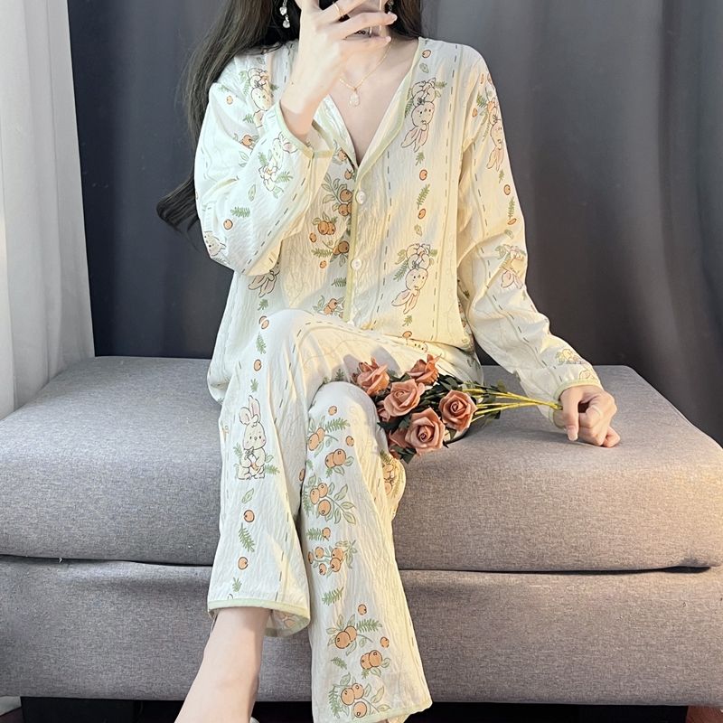 Spring and autumn ins style pajamas women long sleeves long trousers cartoon small lapel cardigan cloud cotton home clothes women's suit