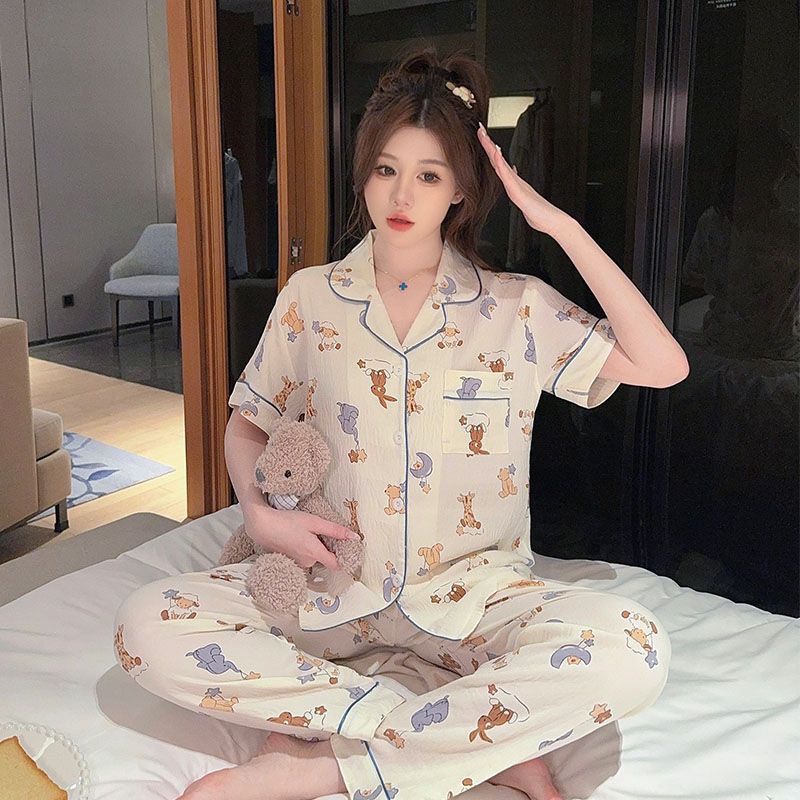 Spring imitation cotton sweet V-neck cardigan long sleeve trousers pajamas women's suit casual home clothes