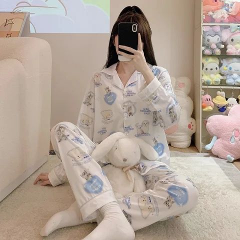 Spring and Autumn Long Sleeve Trousers Cardigan Lapel Imitation Cotton 180g Pajamas Women's Sweet Cartoon Home Clothing Women's Set