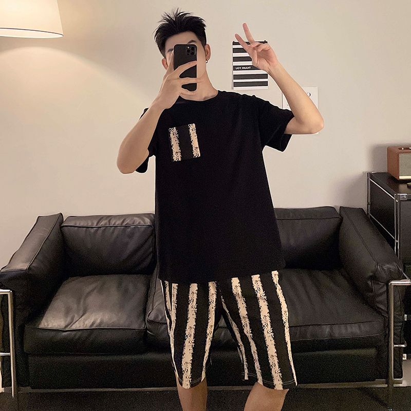 Summer imitation cotton men's round neck short sleeve shorts pajamas men's suit casual home clothes