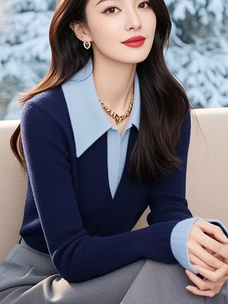 2025 early spring wear temperament top blue spliced ​​sweater polo collar knitted base shirt for women