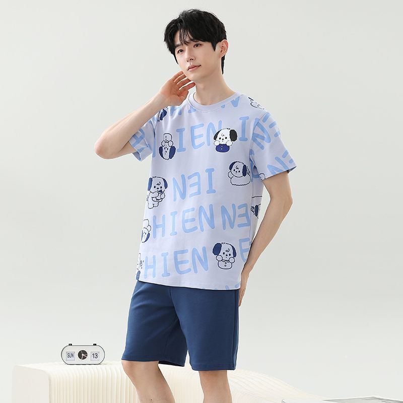 Summer imitation cotton men's round neck short sleeve shorts pajamas men's suit casual home clothes