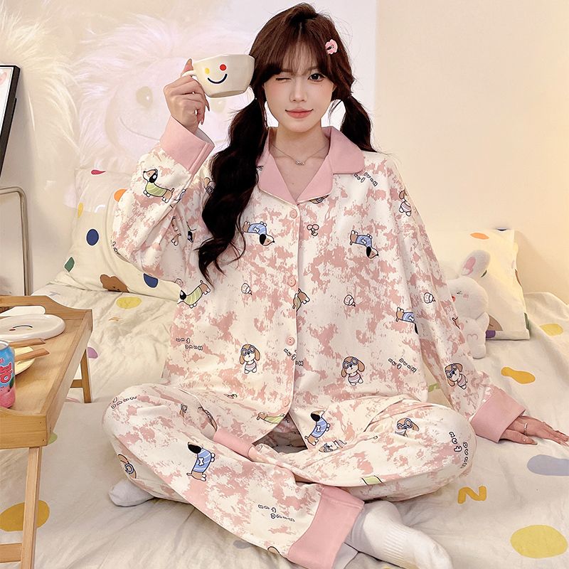 Spring imitation cotton with chest pad lapel cardigan long-sleeved pajamas women's suit home clothes