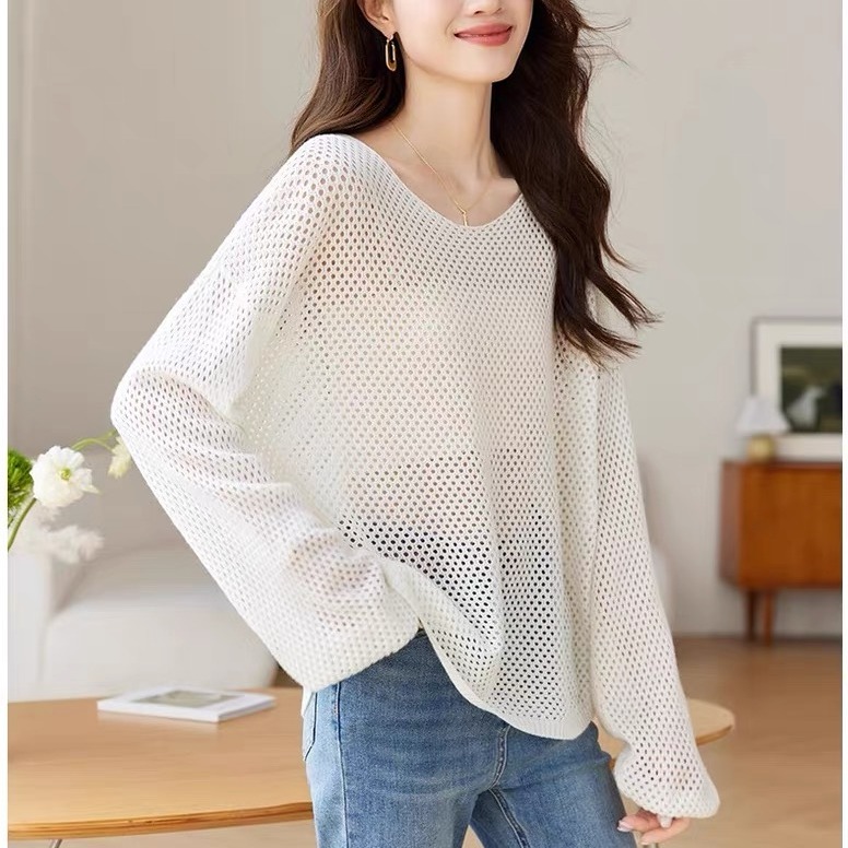 Solid color pullover lazy style sweater hollow long-sleeved loose French top 2025 early spring retro casual versatile