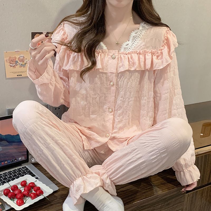 Spring cloud cotton lace cardigan long sleeve trousers pajamas women's suit home clothes