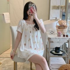 Summer cloud cotton edge square collar one-shoulder short-sleeved pajamas women's suit casual home clothes